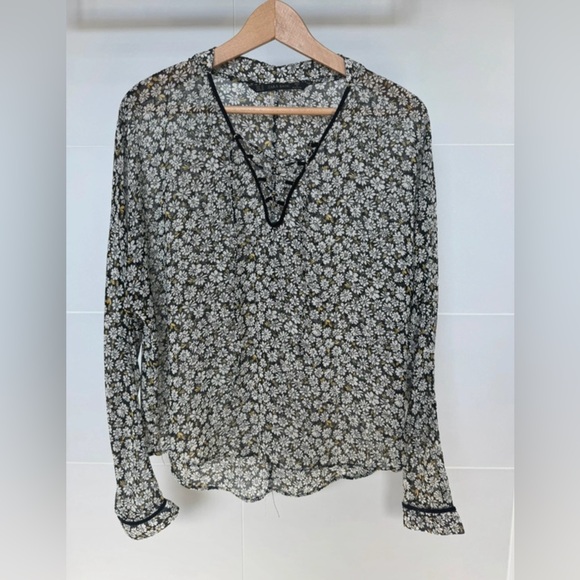 Zara Tops - ZARA Basic Black Floral Lace-Up Sheer Blouse Size M